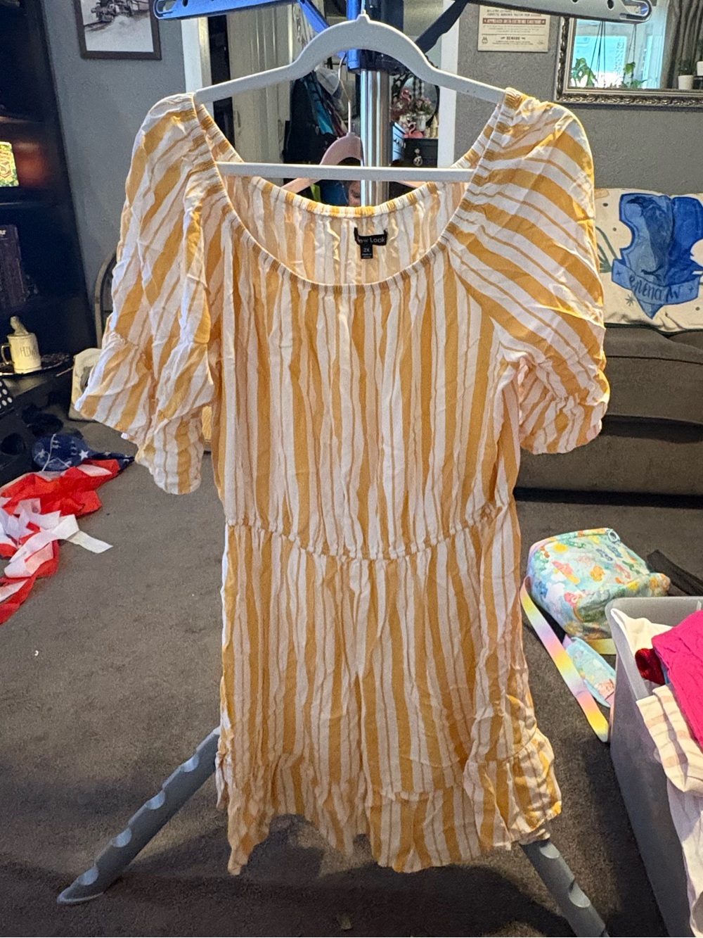 New Look Yellow & White Striped Puff-Sleeve Summer Dress